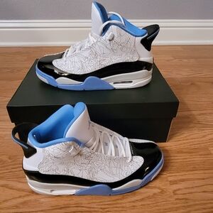 Jordan Dub Zero Sneakers, Black Patent, White, and Blue Design